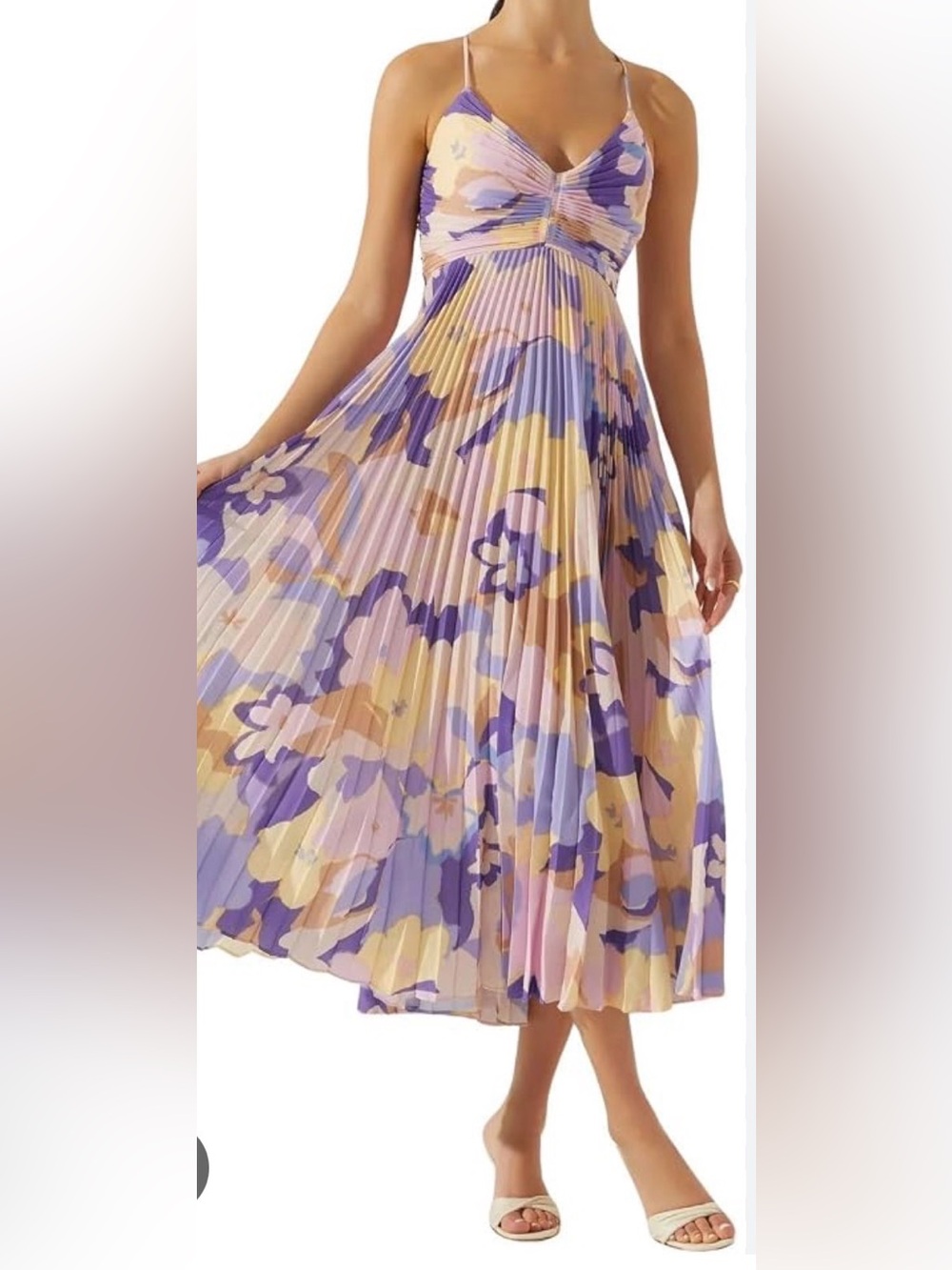 NWT Astr Floral Pleated Maxi Dress in Lavender, Yellow & Cream, Large